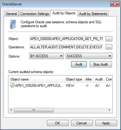 Screenshot 67: Propriedades do servidor Oracle - Guia Auditoria por objetos 6.