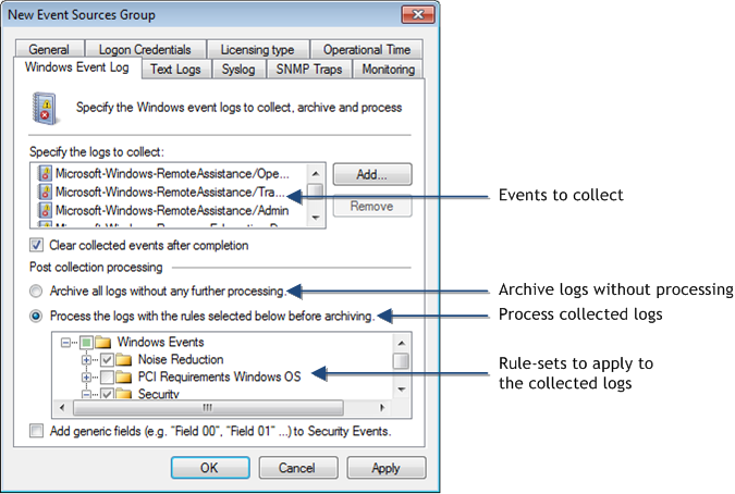 Screenshot 69: Propriedades do grupo de computadores: Configurar os parâmetros de Logs de eventoswindows Para configurar os parâmetros da coleta e processamento do Log de eventos