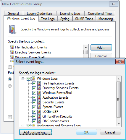 Screenshot 70: Selecionar logs de eventos para coletar 2. Clique na guia Windows Event Log > Add... para selecionar os logs que deseja coletar.