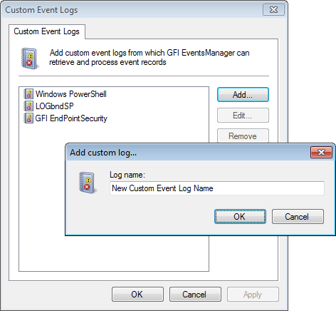 Screenshot 83: Caixa de diálogo de logs de eventos personalizados 3. Clique no botão Add e especifique o nome do seu log de evento personalizado. 4. Clique em OK. 5.