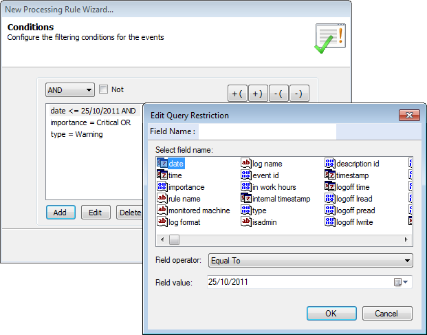 Screenshot 137: Configurar as condições da regra 6. Clique em Add para selecionar um campo que definirá as condições da consulta. No campo selecionado, especifique o Field Operator e o Field Value.