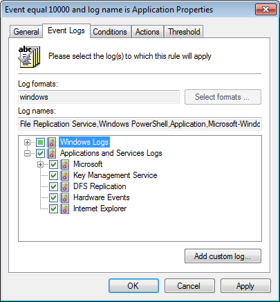 Screenshot 142: Nova regra de evento - Selecione logs a coletar 6. Na guia Event Logs, selecione o log que deseja coletar. Para adicionar log personalizado, clique em Add custom log.