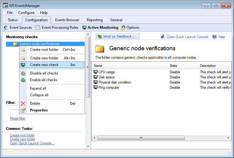 10.4 Criar e configurar verificações de monitoramento ativo Para criar uma nova verificação de monitoramento ativo: Screenshot 154: Criar uma nova verificação de monitoramento ativo 1.