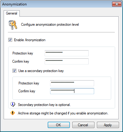 Screenshot 192: Opções de anonimato 2. Selecione Enable Anonymization e digite a senha criptografada. 3.
