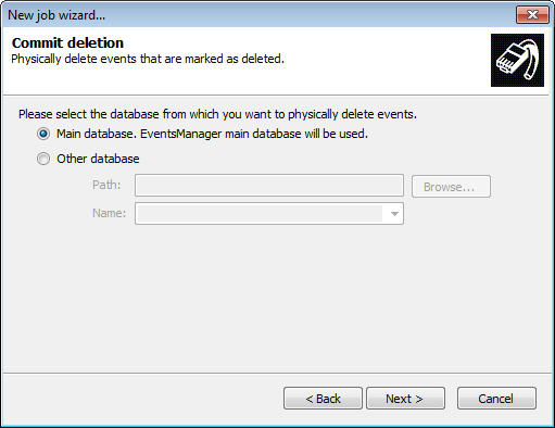 Screenshot 230: Criar trabalhos executar exclusão 5. Selecione Commit deletions e clique em Next. Screenshot 231: Selecionar banco de dados para excluir registros 6.