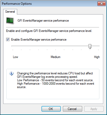 Screenshot 253: Caixa de diálogo Opções de Desempenho 2. Selecione/Remova a seleção Enable EventsManager service performance para ativar/desativar as opções de desempenho de serviço. 3.