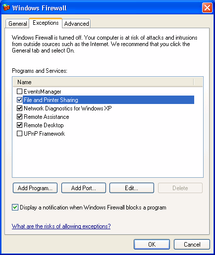 Screenshot 277: Regras de firewall no Microsoft Windows XP 2. Na lista Programs and Services, ative File and Printer Sharing. 3. Clique em OK. 17.1.2 Ativar as permissões do Microsoft Windows Vista.