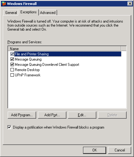 Screenshot 283: Ativar regras de firewall no servidor Microsoft Windows 2003 2. Na lista Programs and Services, ative File and Printer Sharing. 3. Clique em OK. 17