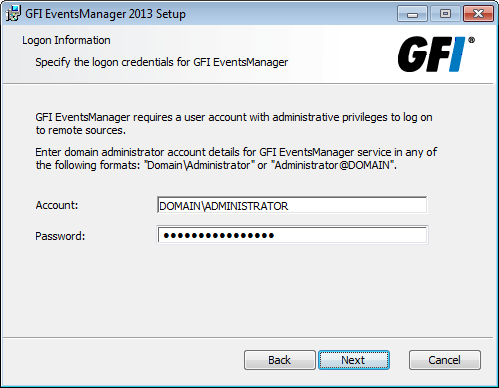 Screenshot 26: Remover credenciais de logon do monitoramento de log de evento 10. Digite as credenciais de logon que GFI EventsManager utiliza para conectar-se aos computadores remotos. Obs.