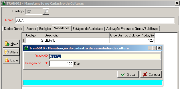 Figura 10 TRAN601 Manutenção do Cadastro de Culturas, aba Variedades Caminho: CRM, CADASTROS, CULTURAS 5.