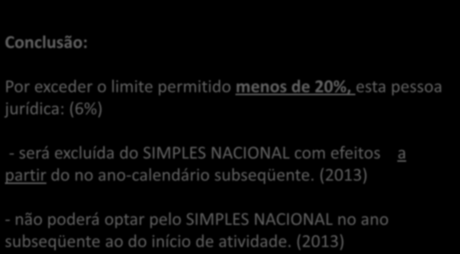 Início de Atividade - Excesso de Receita Bruta Conclusão: Por exceder o limite permitido menos de 20%, esta pessoa jurídica: (6%) - será excluída do SIMPLES