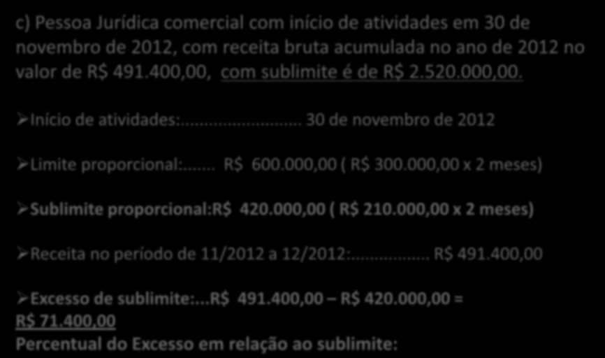 Início de Atividade - Excesso de Receita Bruta c) Pessoa Jurídica comercial com início de atividades em 30 de novembro de 2012, com receita bruta acumulada no ano de 2012 no valor de R$ 491.