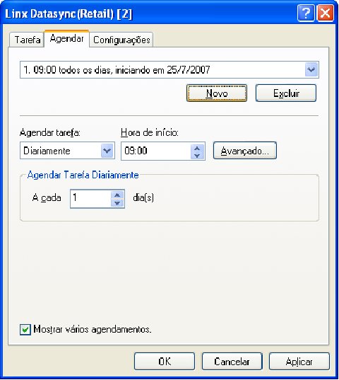 Opções de configuração 57 20. Clique no botão Novo e informe os campos: Agendar tarefa, Hora de início e A cada X dia (s). 21.