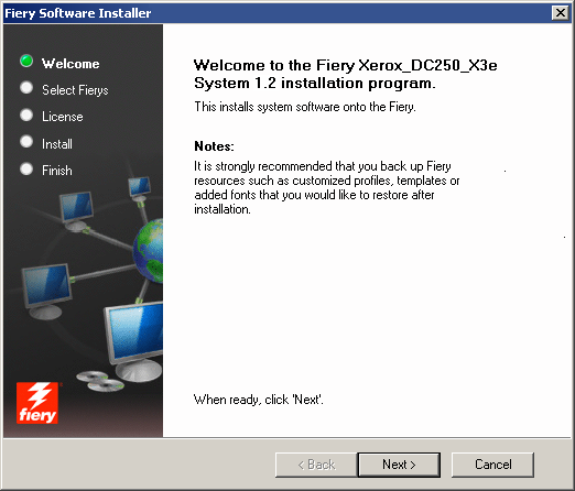 6. Ligue o PC e insira o CD 1 do software do sistema na unidade de mídia do PC. Aguarde o aparecimento da tela do Fiery System Installer.