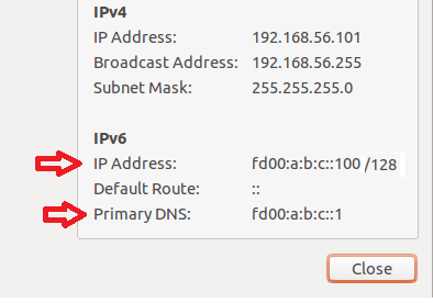 80 Na Figura 4.31 é possível ver as configurações de endereço IPv6 e DNS obtidas via DHCP no cliente Linux. Figura 4.31 Configurações IPv6 no Linux Ubuntu obtidas via DHCP.