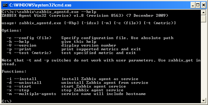 Após a instalação do agente devem aparecer as mensagens: zabbix_agentd.exe [1540]: Service "ZABBIX Agent" installed successfully. zabbix_agentd.exe [1540]: Event source "ZABBIX Agent" installed successfully.