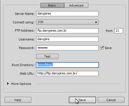 Clico na aba server para editar o FTP. Clico duas vezes sob o FTP, para abrir o mesmo para edição. Se eu quiser que meus arquivos sejam salvo dentro, por exemplo do www.dominio.