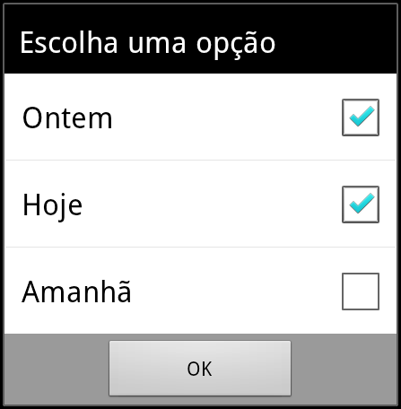 builder.settitle("escolha uma opção").setmultichoiceitems(opcoes, null, new DialogInterface.