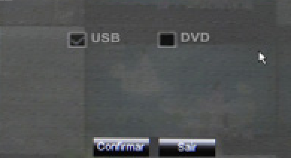 Selecione a opção USB para fazer o backup para um pendrive ou HD externo, ou selecione a opção DVD caso queira fazer o backup utilizando o gravador de DVD embutido do aparelho DVR modelo COP-DVR16RHC.