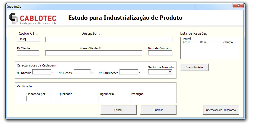 Todos os formulários exceto Estudo de industrialização e Estimação de Custo permitem que o utilizador saiba o código do produto a orçamentar, o tempo estimado até ao momento em cada etapa, como a