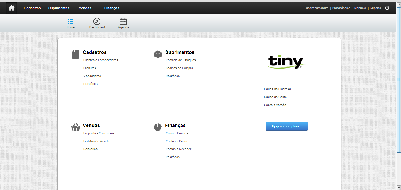 61 Após a conclusão do cadastro, o software direciona o usuário para a tela de login: Figura 6: Iniciando acesso no sistema Após a realização do login com usuário e senha, a tela inicial do Tiny é