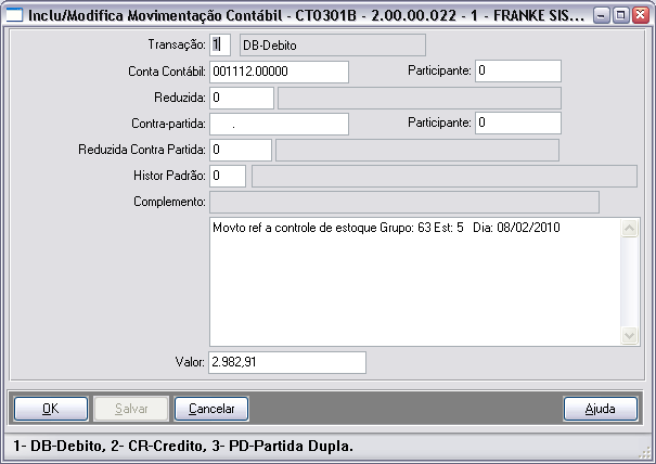 Manutenção Movimentação Contábil CT0301 Alterado programa de lançamento