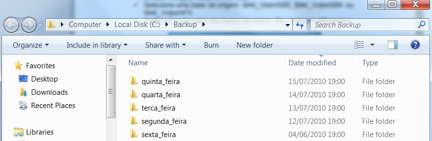 Cada pasta possui um arquivo.bat que criará o log do backup e um script sql para determinado dia da semana.