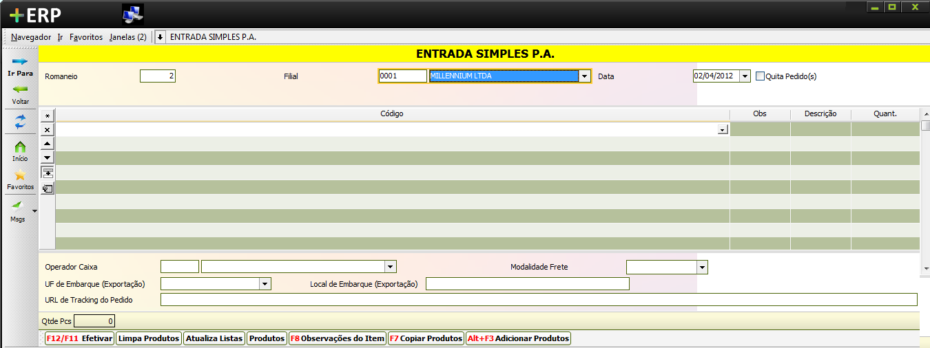 1. Entre em LOGÍSTICA Movimentações Entrada simples de estoque 2. Digite o número do romaneio ou <TAB> para aceitar o número exibido na tela 3.