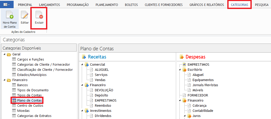 5.3.2 Editar um Plano de Conta Para editar o plano de contas, clique sobre a conta que deseja alterar o nome e em seguida clique no botão Editar. Segue abaixo tela para conferência: 5.3.3 Excluir um Plano de Conta Para excluir o plano de contas, clique sobre a conta que não deseja mais visualizar e em seguida clique no botão Excluir.