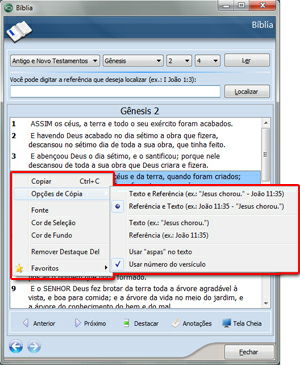 Usando a Bíblia Hábil 28 Copiar: clique para copiar para a área de transferência o(s) versículo(s) selecionado(s); Opções de Cópia: escolha uma das opções para cópia do texto selecionado.