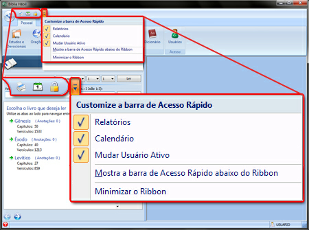 Introdução 4 Barra de Acesso Rápido A Barra de Acesso Rápido possui atalhos para alguns recursos muito utilizados na Bíblia Hábil.