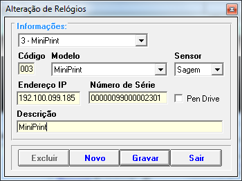 Cadastro de Relógio Para pode enviar as configurações de Empregador e Empregados, o usuário deve cadastrar os equipamentos da empresa. Clique no menu Arquivo Relógio.