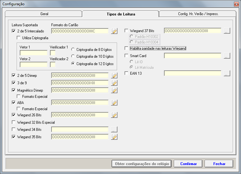 Clique na guia Tipo de Leitura, surge à tela abaixo: Configuração PrintPoint II Configuração MiniPrint Tipo de Leitura: Selecione o tipo de leitura do cartão de acordo com o modelo do seu REP.