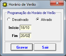 Cadastro Horário de Verão PrintPoint Li/M Nesta tela serão configuradas as datas de Inicio e Fim do Horário de Verão, esta opção será utilizada apenas para relógios modelo PrintPoint Li/M.