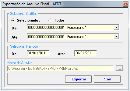 Exportação Arquivos AFDT Para atender a portaria 1510, existe a rotina de exportação dos arquivos Fiscais. Clique no Menu Utilitário Exportação Arquivos Fiscais - AFDT.