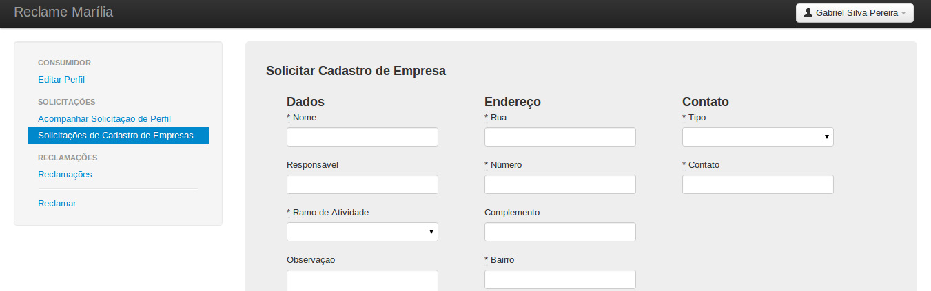 36 Figura 10: Solicitação de Cadastro de Empresa. Fonte: Própria. Ao solicitar o cadastro de uma empresa, será feito uma análise por um administrador do sistema para validar e aprovar o cadastro.