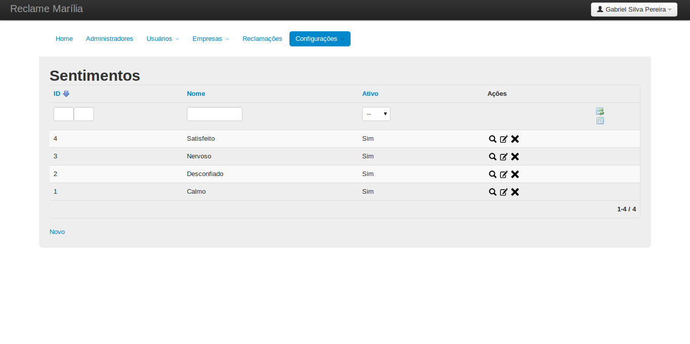 48 A funcionalidade permite o cadastro, edição, inativação e ativação de sentimentos dispostos na coluna Ações e filtros para consulta por índice e nome na listagem, conforme demonstrado na Figura 25.
