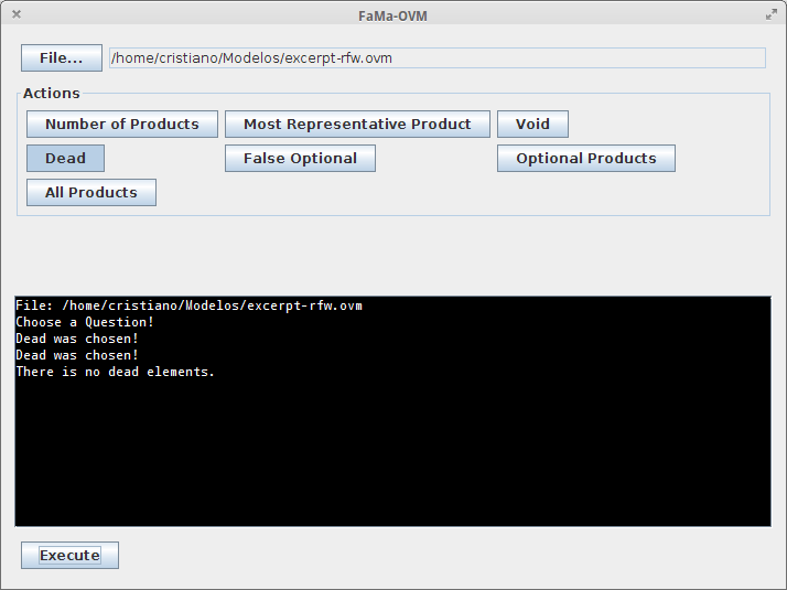 Capítulo 4. Ferramenta de Apoio a Análise Automática 55 Figura 28: Question Dead Feature na Interface do FaMa-OVM. Fonte: Próprio autor. Figura 29: Question All Products na Interface do FaMa-OVM.