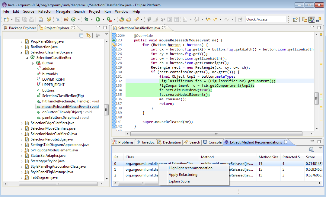 Figure 3. JExtract UI We assume that good Extract Method opportunities are the ones that revert the modifications (i.e., restoring S from S ). Table 1.