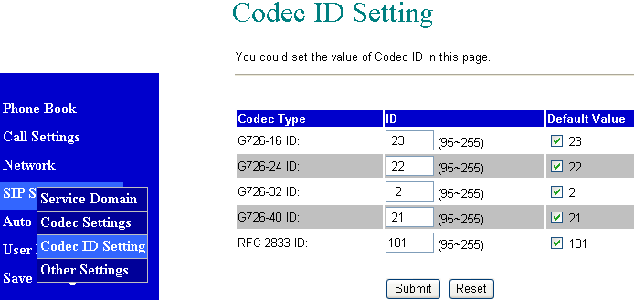 Configuração do Codec ID: 8.78 Esta página serve para configurar os Codec ID. Para melhor utilização, consulte o provedor SIP.
