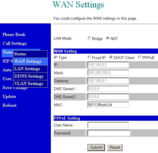 Na tela do ATA, clique no opção Network / Wan Settings. A seguinte tela será exibida. Selecione a opção DHCP Client em IP Type.