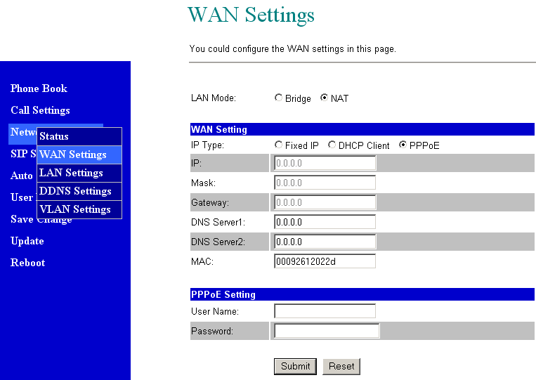 Na tela do ATA, clique na opção Network / Wan Settings. A seguinte tela será exibida. Selecione a opção PPPoE em IP Type.