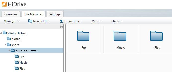 You will see a toolbar with a range of features which you can already select Manage: New folder: Upload files: View: Share: Create e.g. ZIP-Archives or view your Backup Control versions.