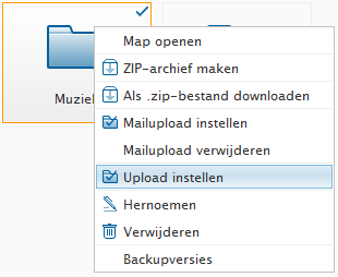 Voorbeeld: De map "muziek" is geselecteerd voor de Mailupload. U hebt een aantal extra opties die u aan kunt geven. 6.