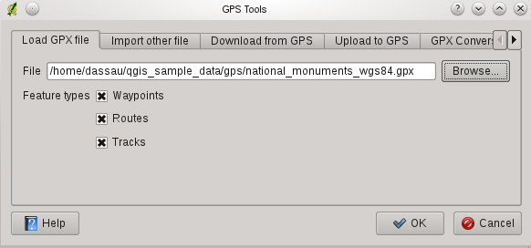 Figura 15.1: Janela de diálogo Ferramentas GPS file uses WGS84 (latitude/longitude). QGIS expects this and it is the official GPX specification. See http://www.topografix.com/gpx/1/1/ 15.1.3 GPSBabel Since QGIS uses GPX files you need a way to convert other GPS file formats to GPX.