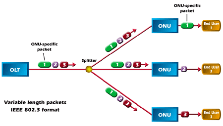 Transmissão da OLT para as ONUs - downstream Formado por pacotes de diferentes tamanhos (seguindo os padrões IEEE 802.3) Transmitido por difusão para todas as ONU.