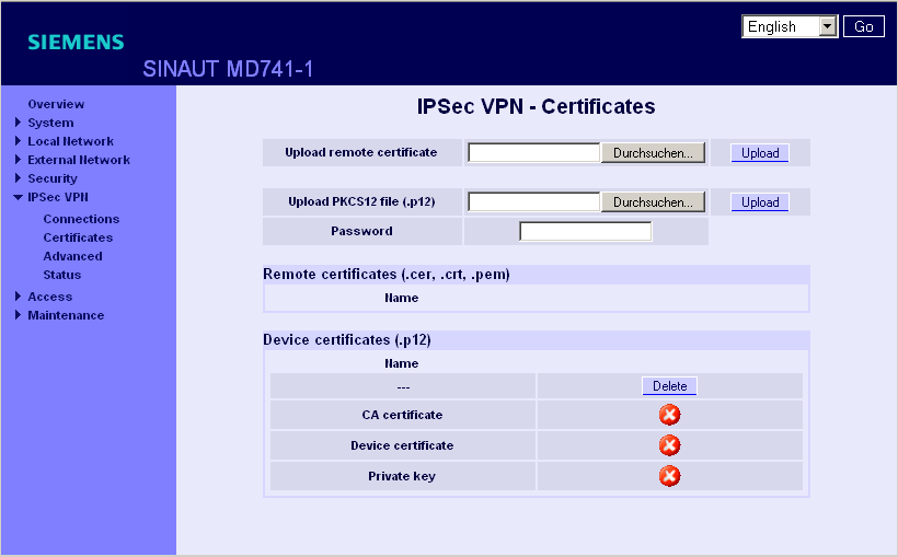 7 Ligações VPN 7.3 Carregar certificados VPN Carregar e gerir certificados e códigos.