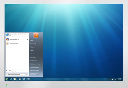 Menu Iniciar mostrando que o Virtual Windows XP já foi configurado. Se o Windows Virtual PC não estiver instalado: A primeira etapa é configurar o ambiente do computador para a virtualização.
