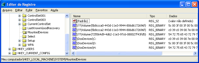 Figura 5: Volumes montados em uma máquina WindowsXP Fonte: HKEY_LOCAL_MACHINE\System\MountedDevices Como pode ser visto na figura 5 há dois tipos básicos de nomes.