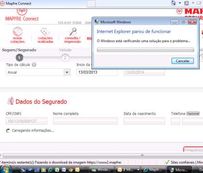 b) O IE encontrou um problema e precisa ser fechado (às vezes aparece página expirada) Normalmente ocorre quando escolhe o Tipo de Seguro Renovação OU depois de